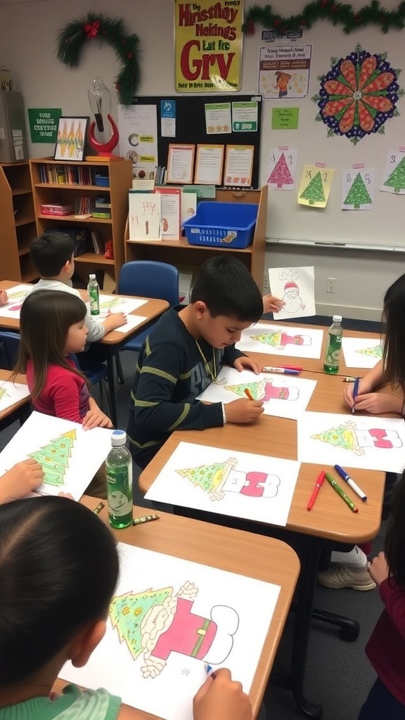 4th graders participating in a directed drawing activity for Christmas, showcasing their festive artwork.